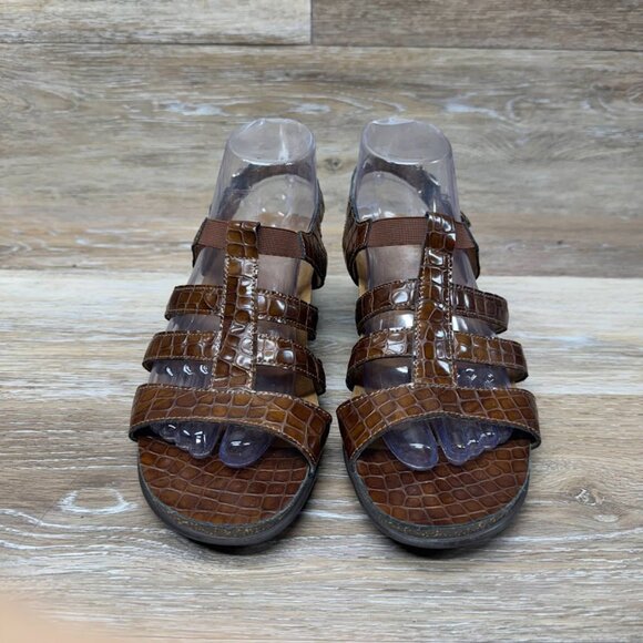 SAS Allegro Brown Leather Croc Embossed Heeled Sandals Women's Size 9.5 - Picture 2 of 8